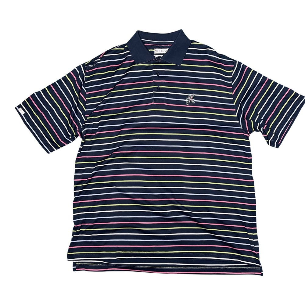 Tehama Mens Polo Shirt Large Navy Blue Striped Pima Cotton Golf Short‎ Sleeve L